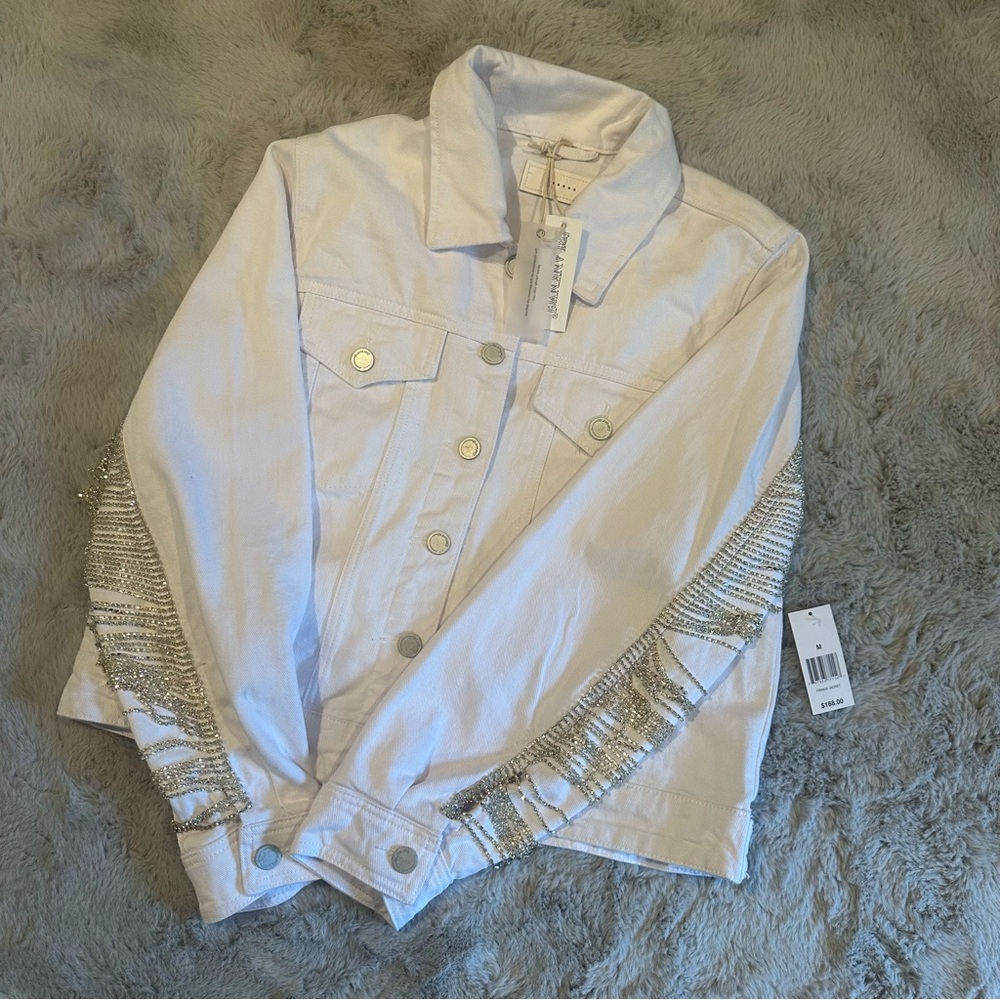 Blank NYC White Denim Jacket with Silver Fringe